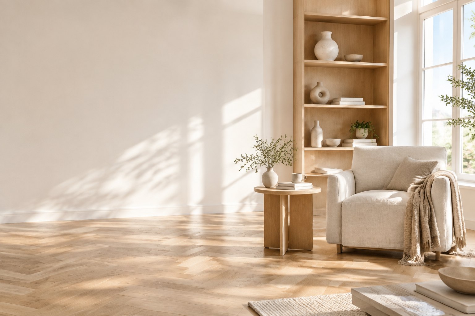 Sunlit Nordic living room with oak and ceramics