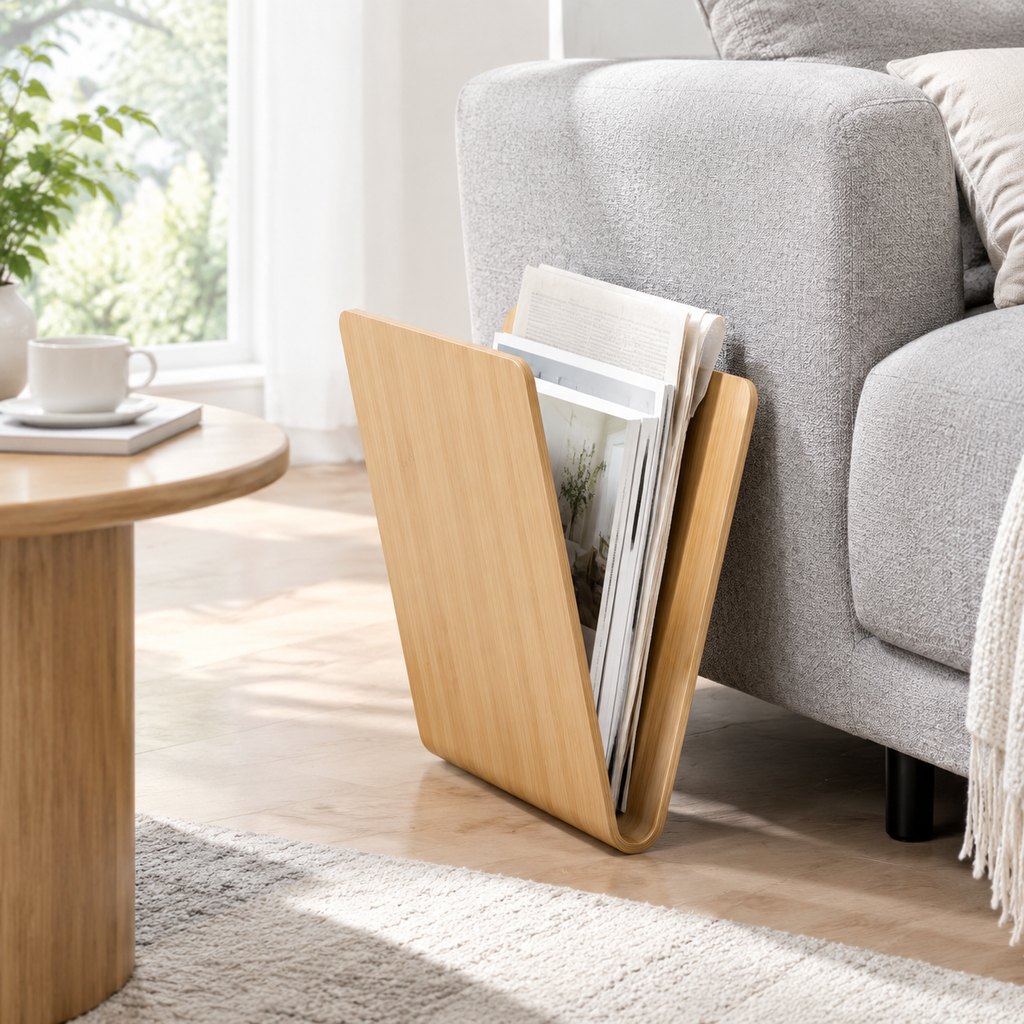 Kai minimal bamboo magazine rack leaning against a sofa — view 4