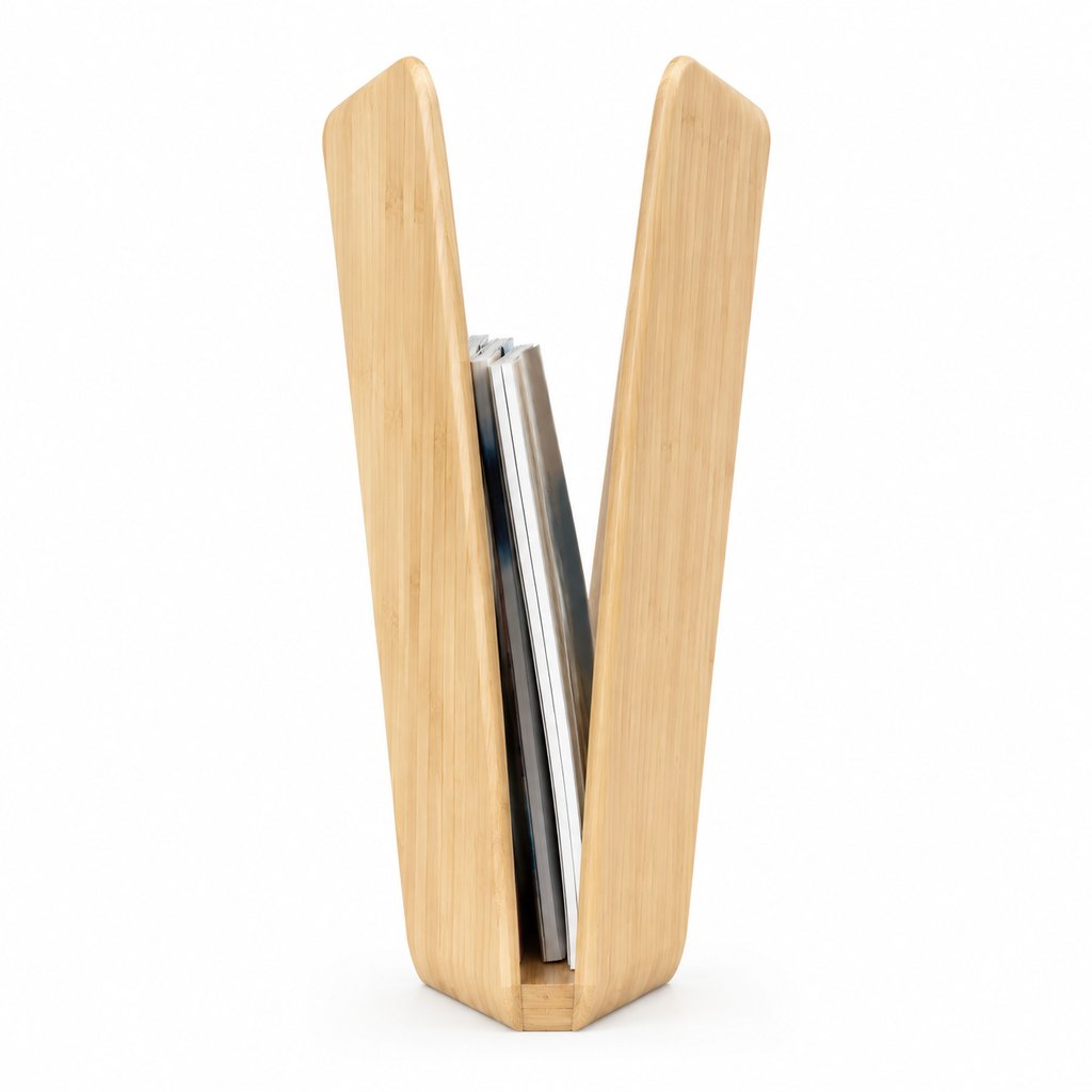 Kai minimal bamboo magazine rack leaning against a sofa — view 5