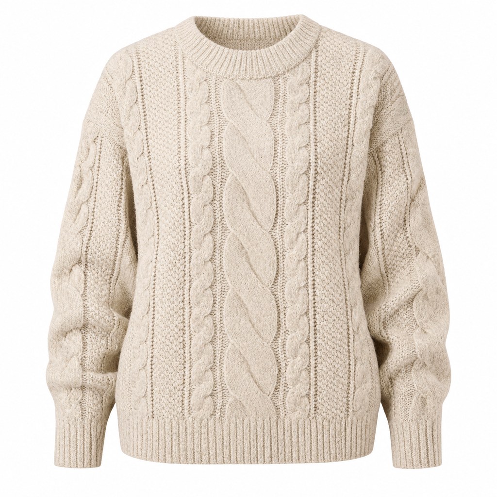 Cable-Knit Sweater in Oatmeal — wholesale apparel product photo