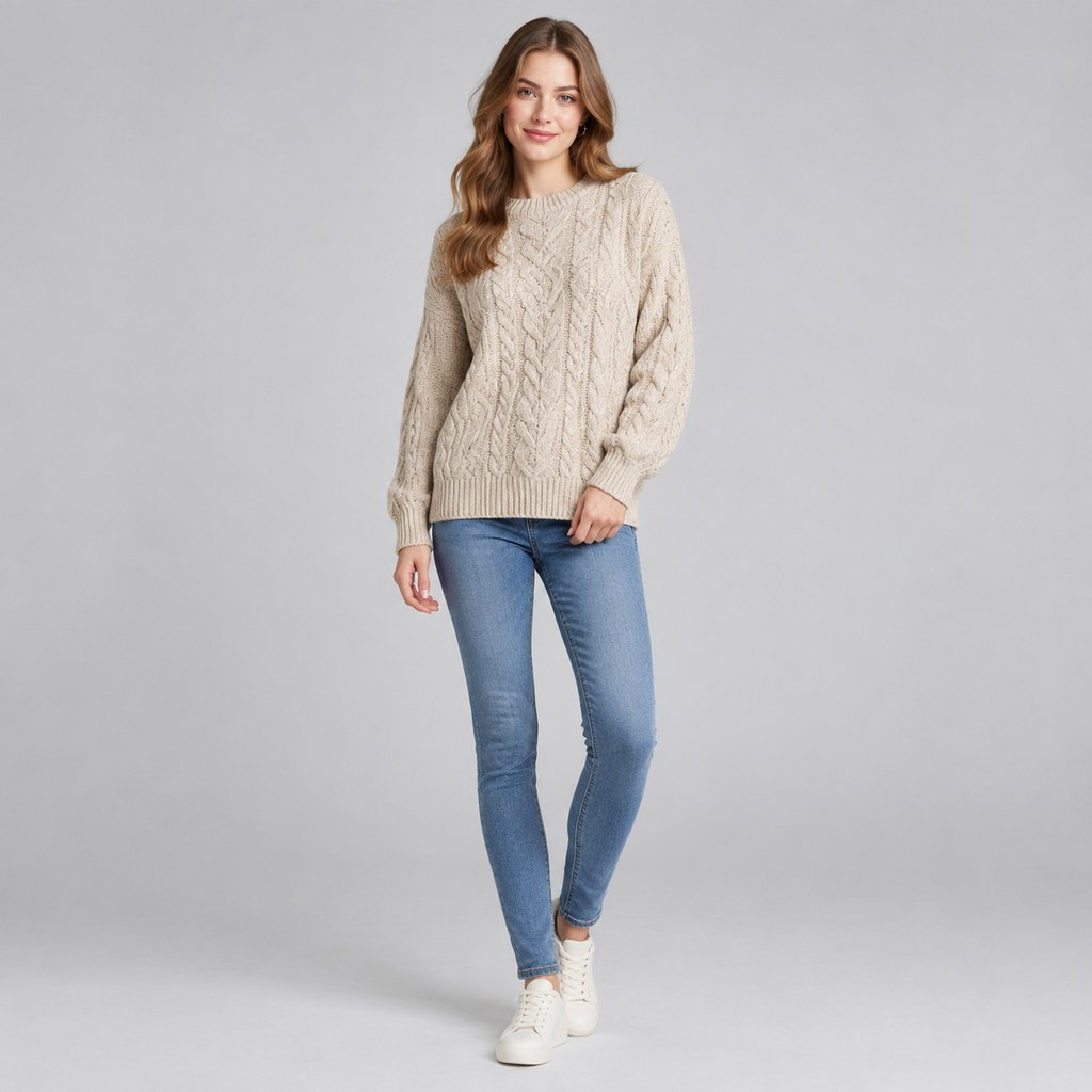 Cable-Knit Sweater in Oatmeal — wholesale apparel product photo — view 4