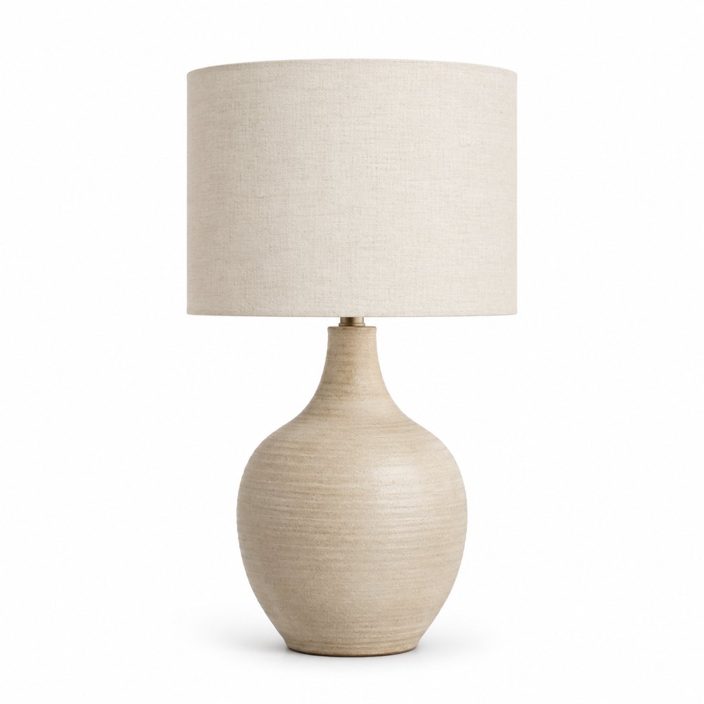Lykke handmade ceramic table lamp with linen drum shade