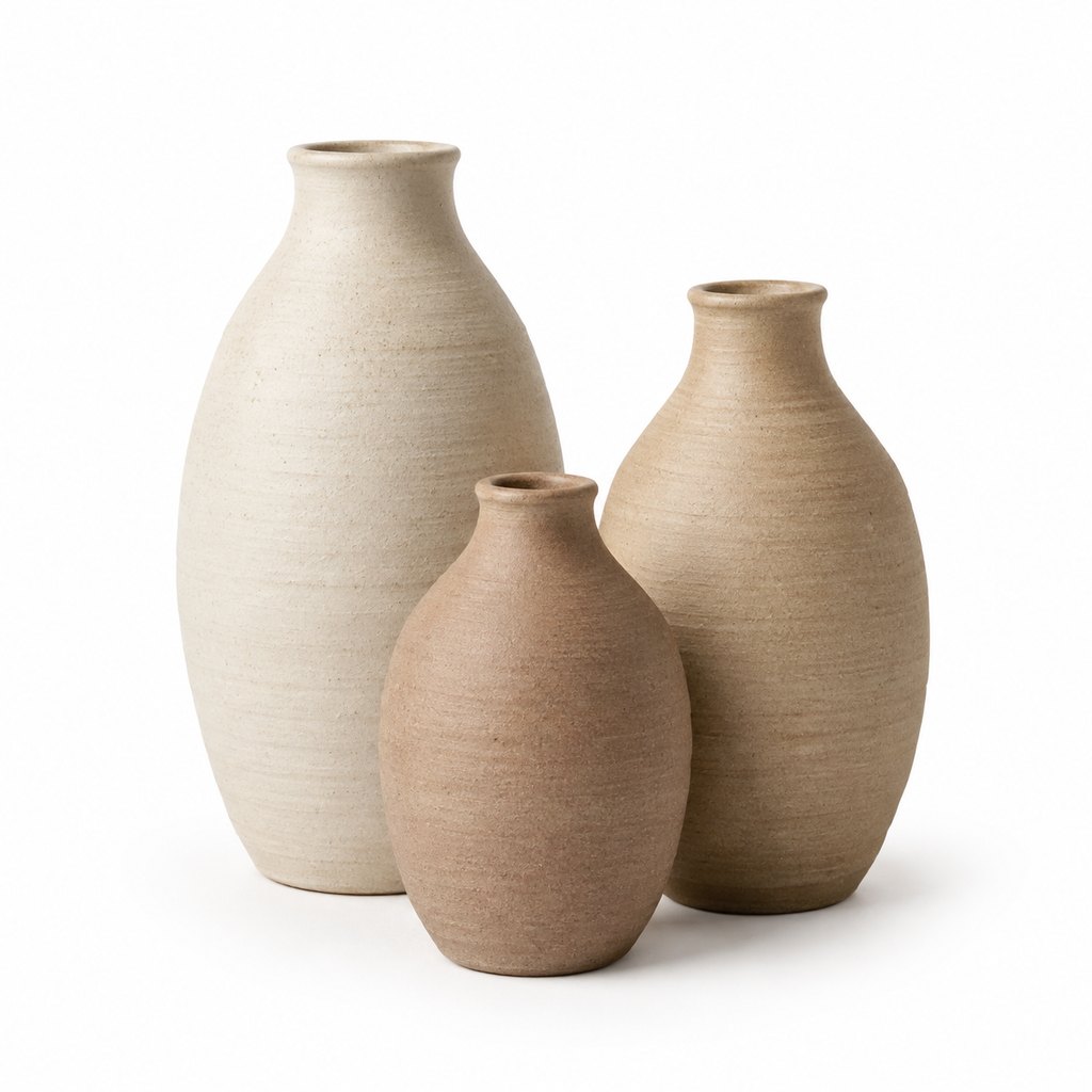 Mori trio of handmade matte ceramic vases in cream and sand tones