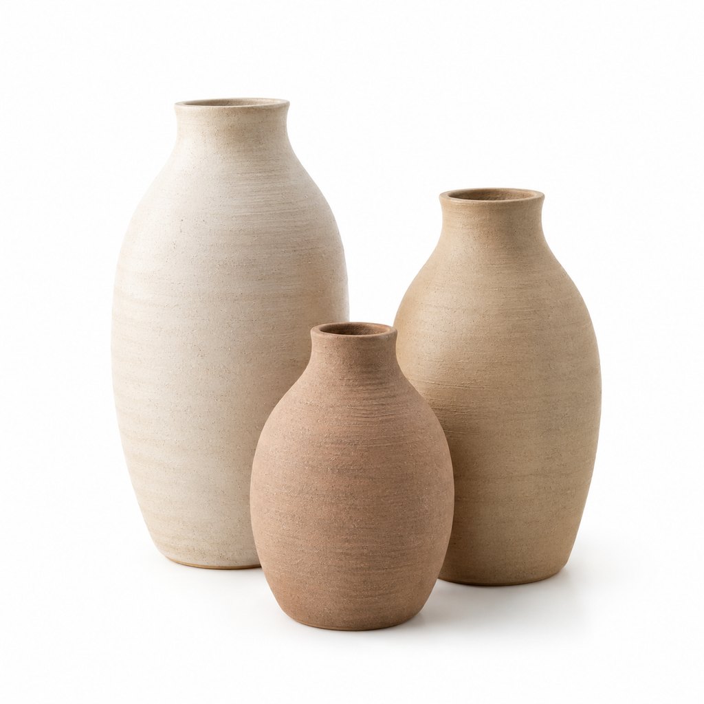 Mori trio of handmade matte ceramic vases in cream and sand tones — view 2