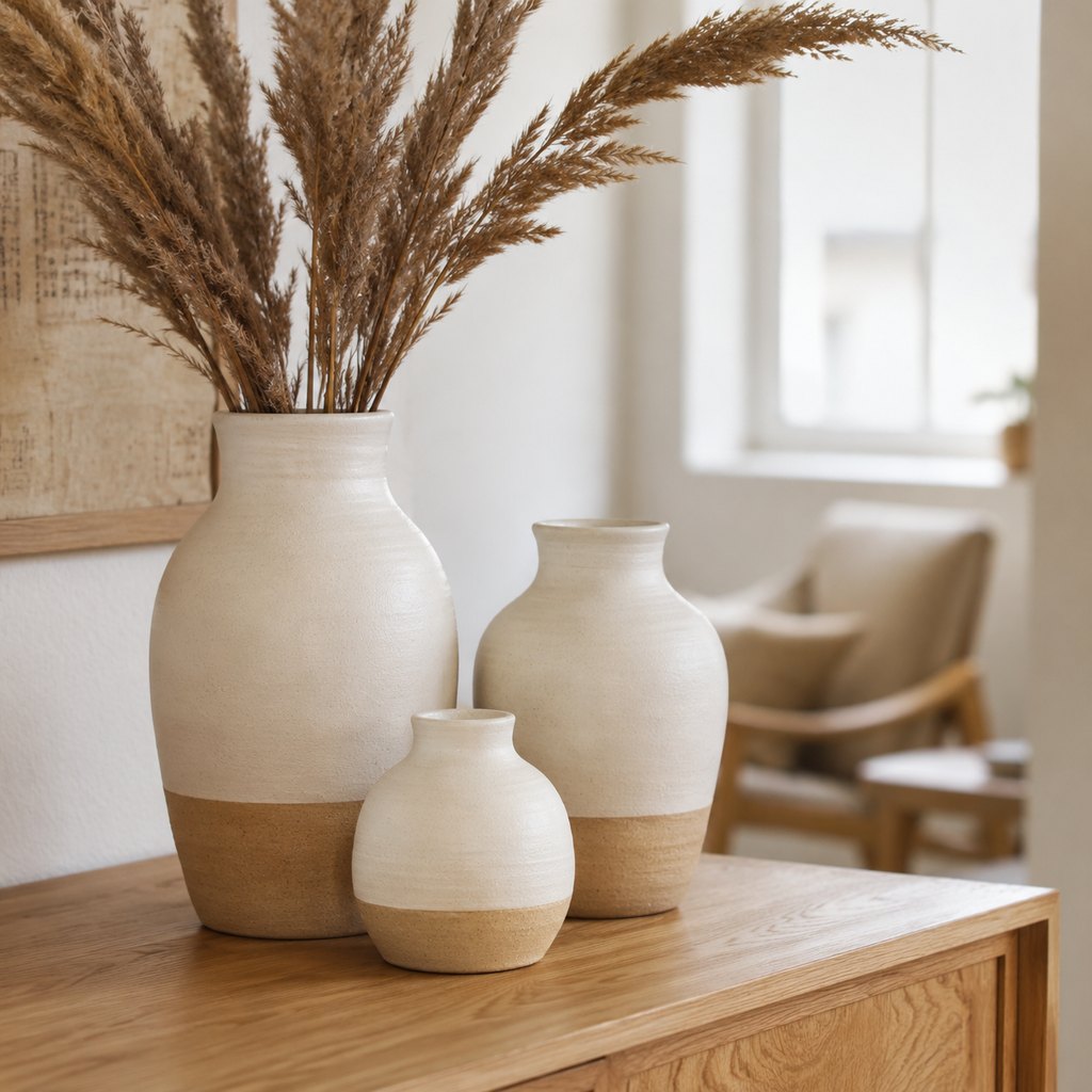Mori trio of handmade matte ceramic vases in cream and sand tones — view 4