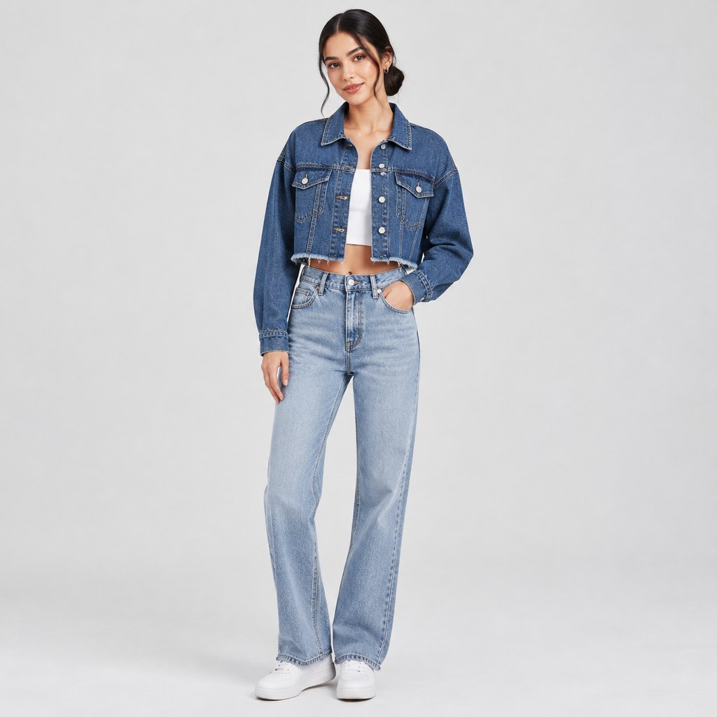 Cropped Denim Jacket in Mid Blue — wholesale apparel product photo — view 4
