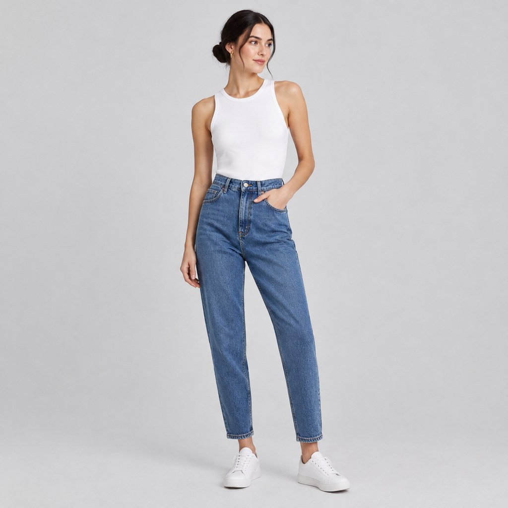 High-Rise Mom Jeans in Mid Blue — wholesale apparel product photo — view 4