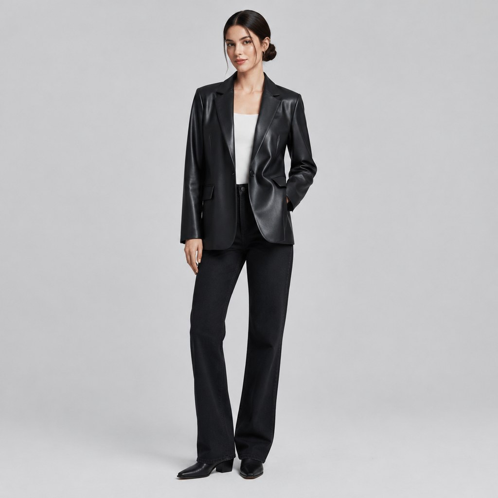 Faux-Leather Blazer in Black — wholesale apparel product photo — view 4