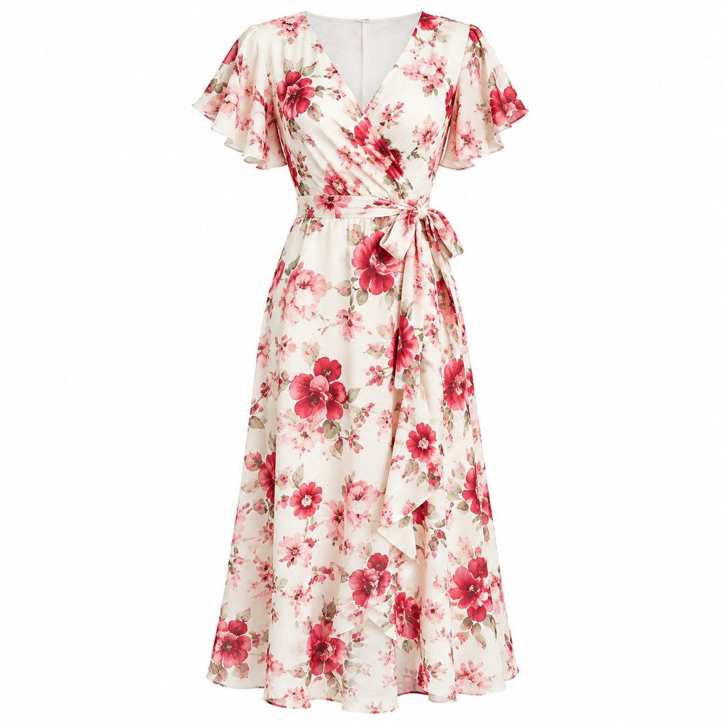Floral Midi Wrap Dress in Rose Floral — wholesale apparel product photo
