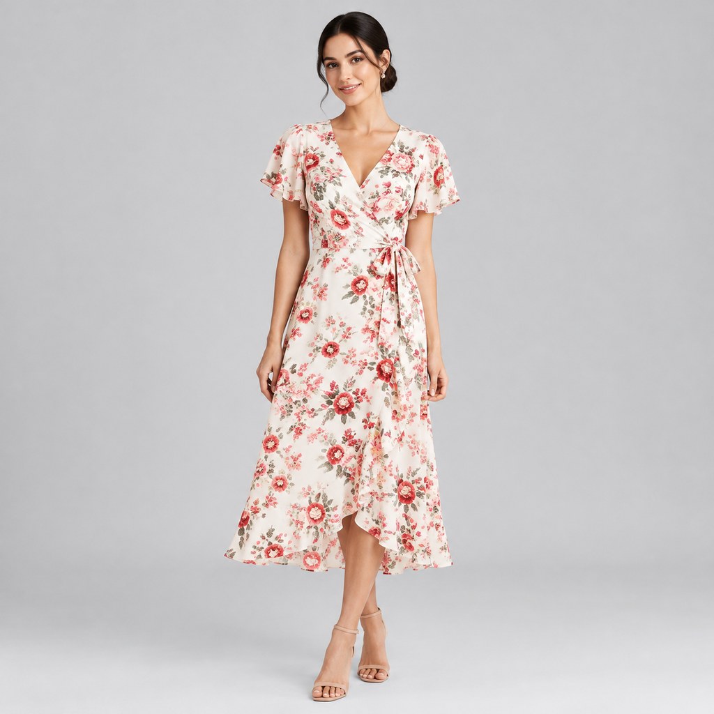 Floral Midi Wrap Dress in Rose Floral — wholesale apparel product photo — view 4