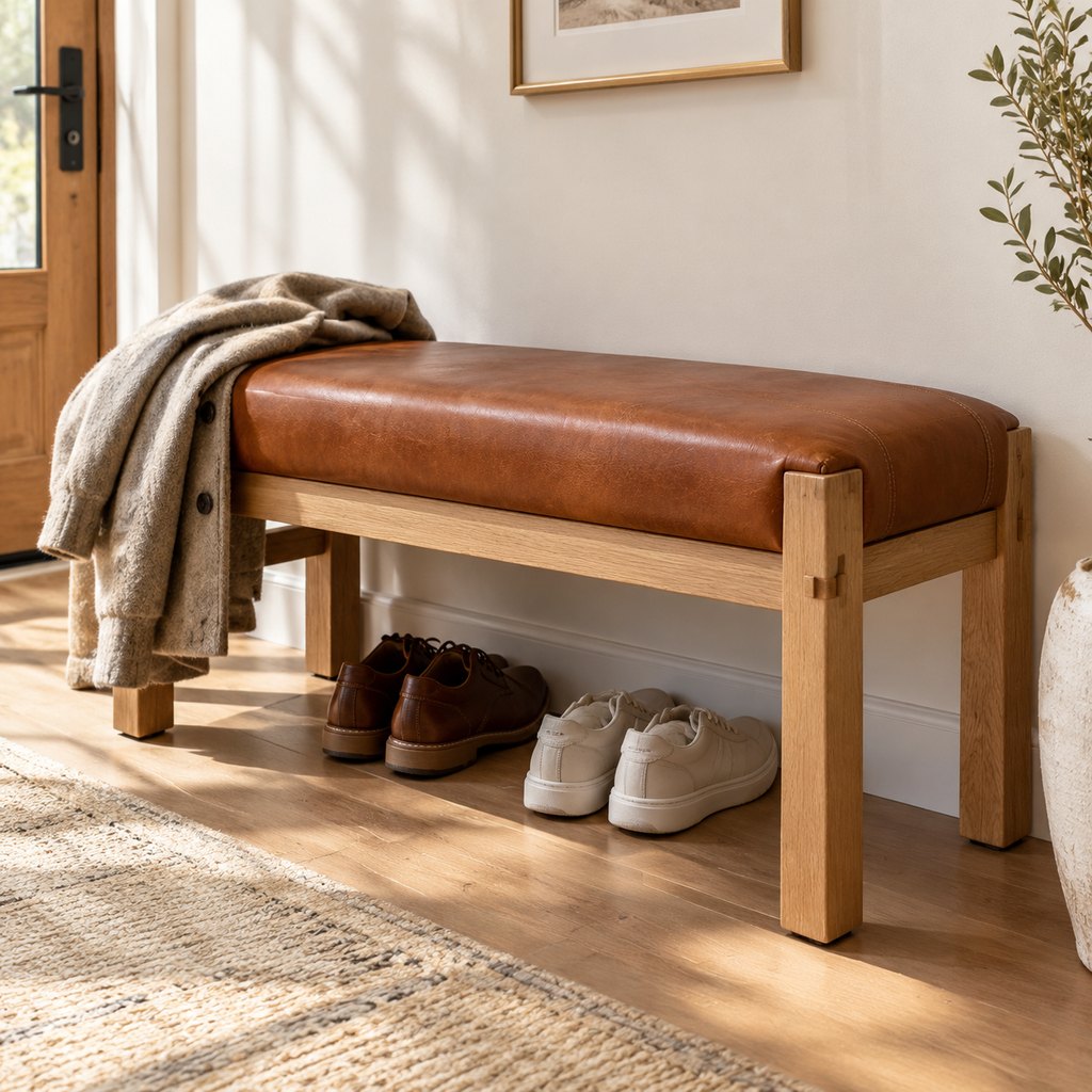 Oslo entryway bench in cognac full-grain leather with oak frame — view 4