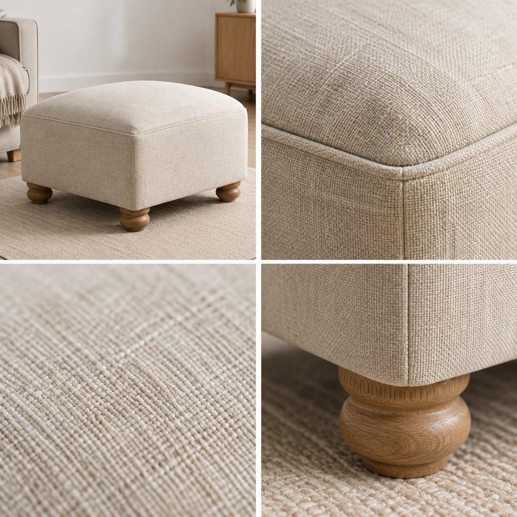 Birka oatmeal linen ottoman with oak legs in bright daylight — view 3