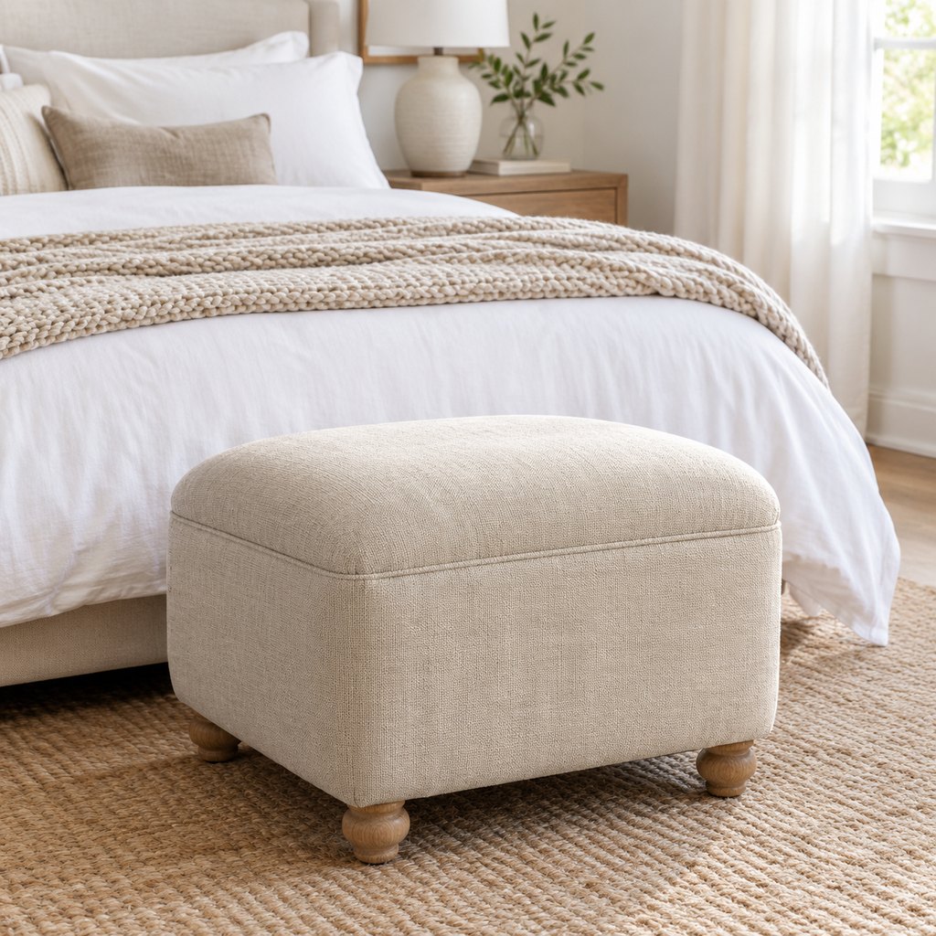 Birka oatmeal linen ottoman with oak legs in bright daylight — view 4