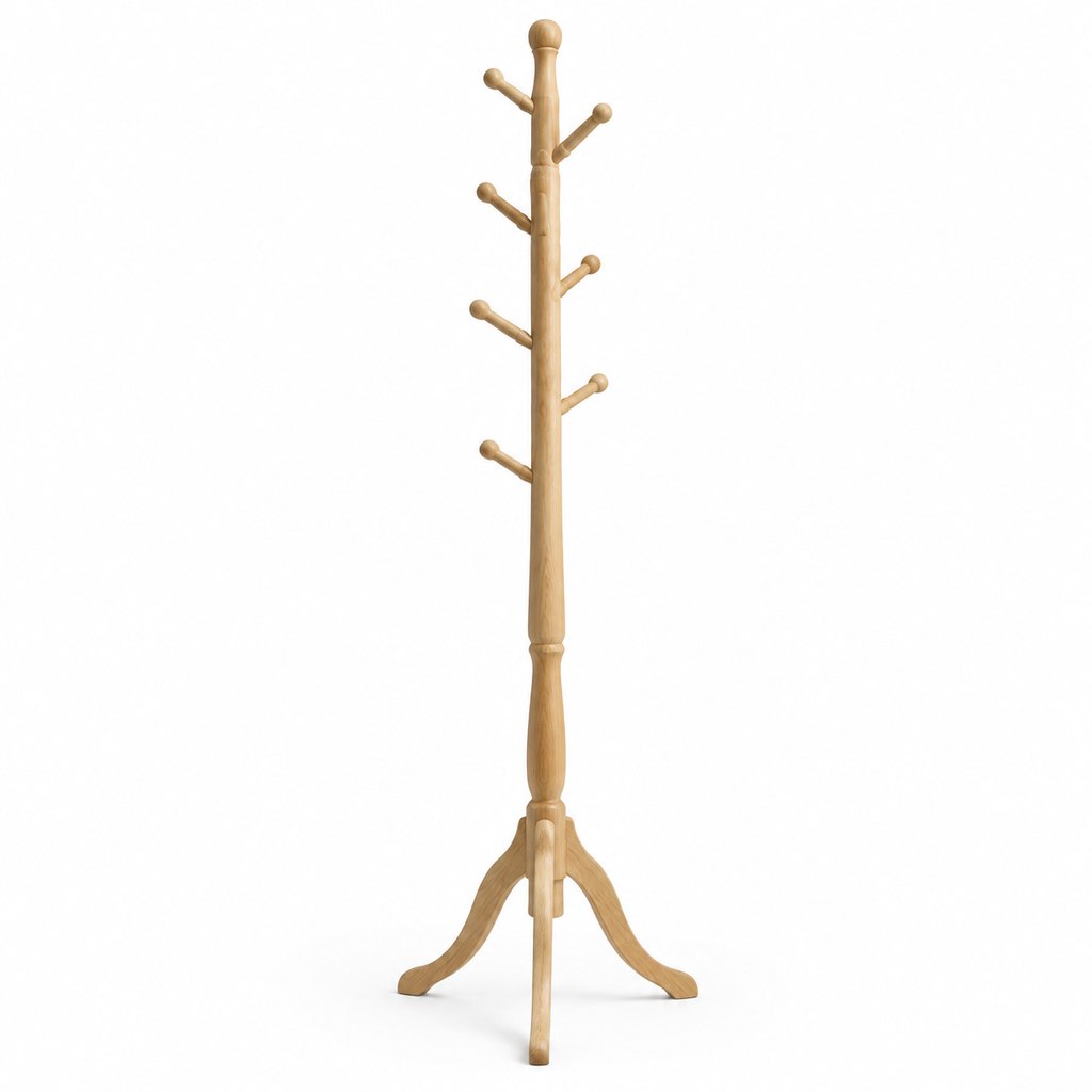 Freya freestanding solid oak coat rack with eight carved pegs