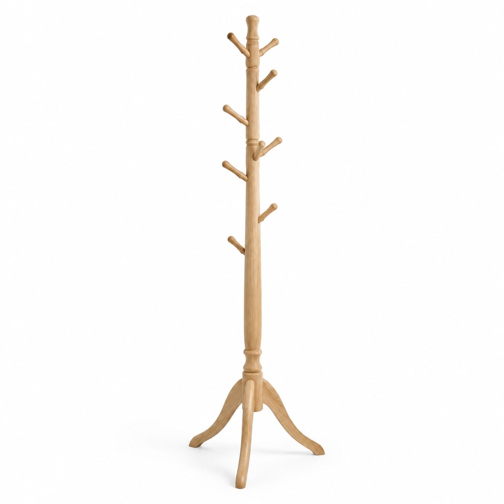 Freya freestanding solid oak coat rack with eight carved pegs — view 2