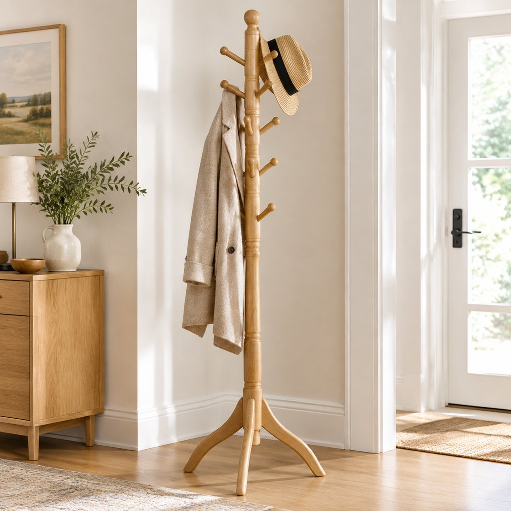 Freya freestanding solid oak coat rack with eight carved pegs — view 4