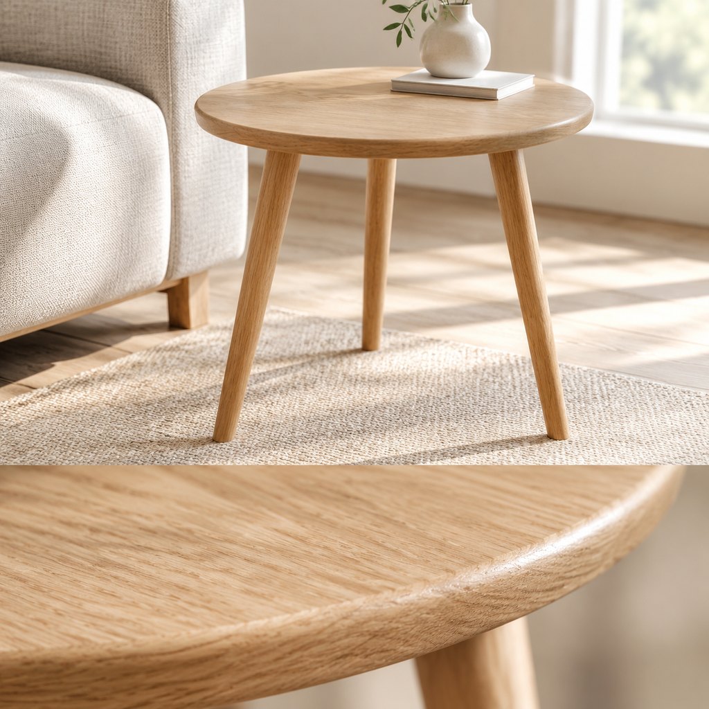 Luna solid oak round side table photographed on a white studio background — view 3