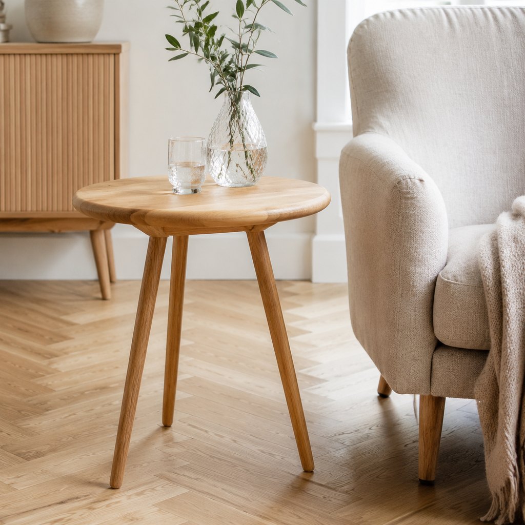 Luna solid oak round side table photographed on a white studio background — view 4