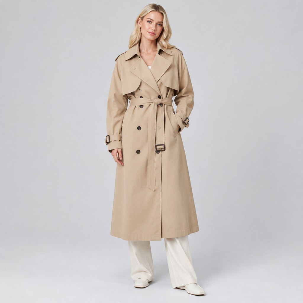 Oversized Belted Trench Coat in Sand — wholesale apparel product photo — view 4