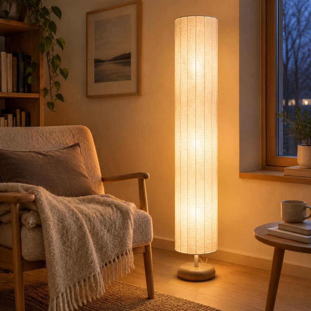 Akari rice-paper floor lamp with oak base glowing warmly in a dim room — view 4
