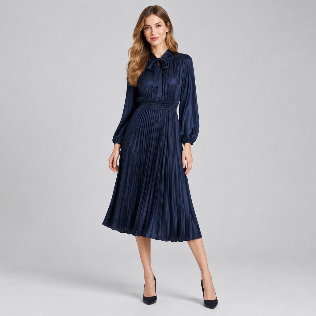 Pleated Midi Dress in Ink — wholesale apparel product photo — view 4