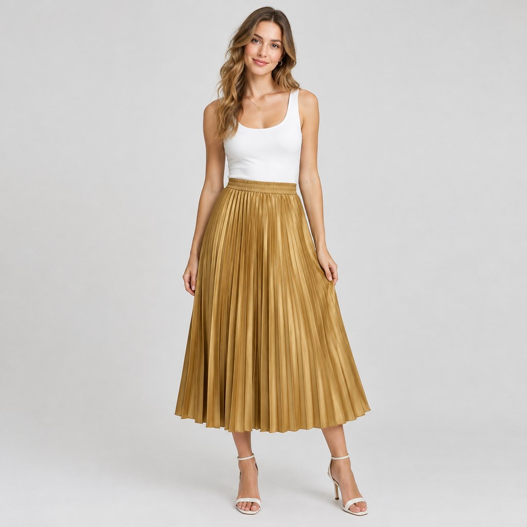 Sunray Pleated Midi Skirt in Gold — wholesale apparel product photo — view 4