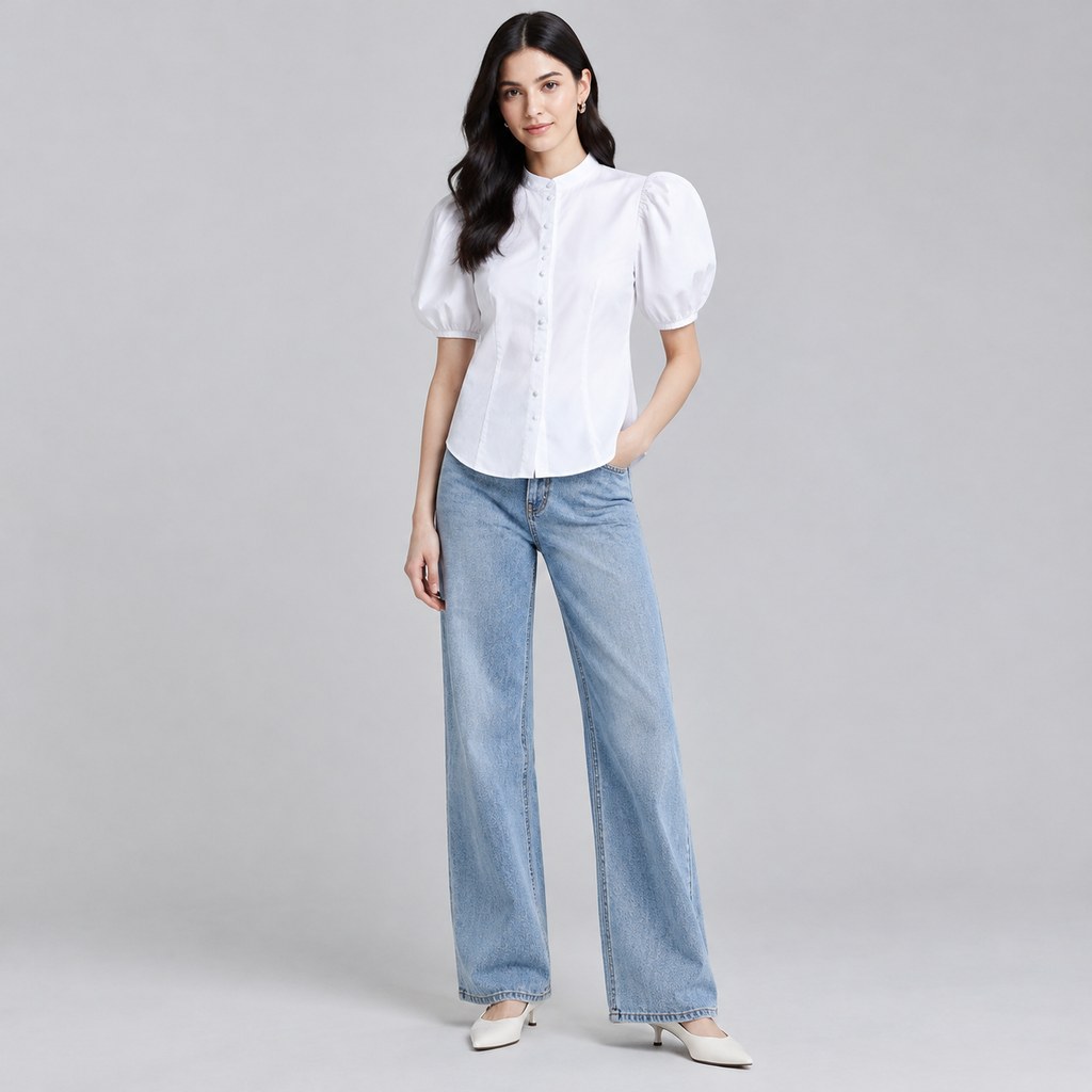 Puff-Sleeve Blouse in White — wholesale apparel product photo — view 4