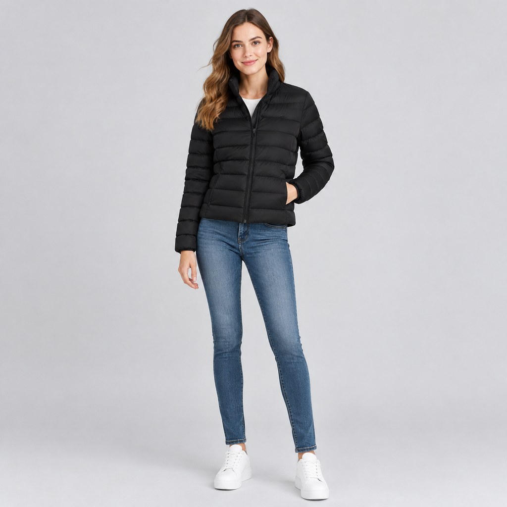Quilted Puffer Jacket in Black — wholesale apparel product photo — view 4