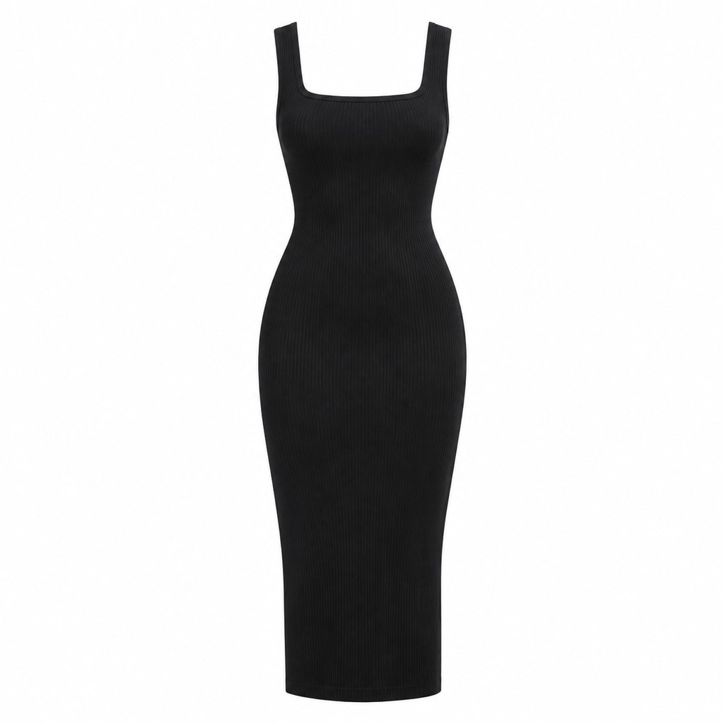 Ribbed Knit Bodycon Dress in Black — wholesale apparel product photo