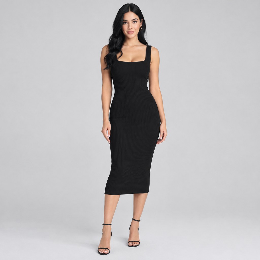 Ribbed Knit Bodycon Dress in Black — wholesale apparel product photo — view 4