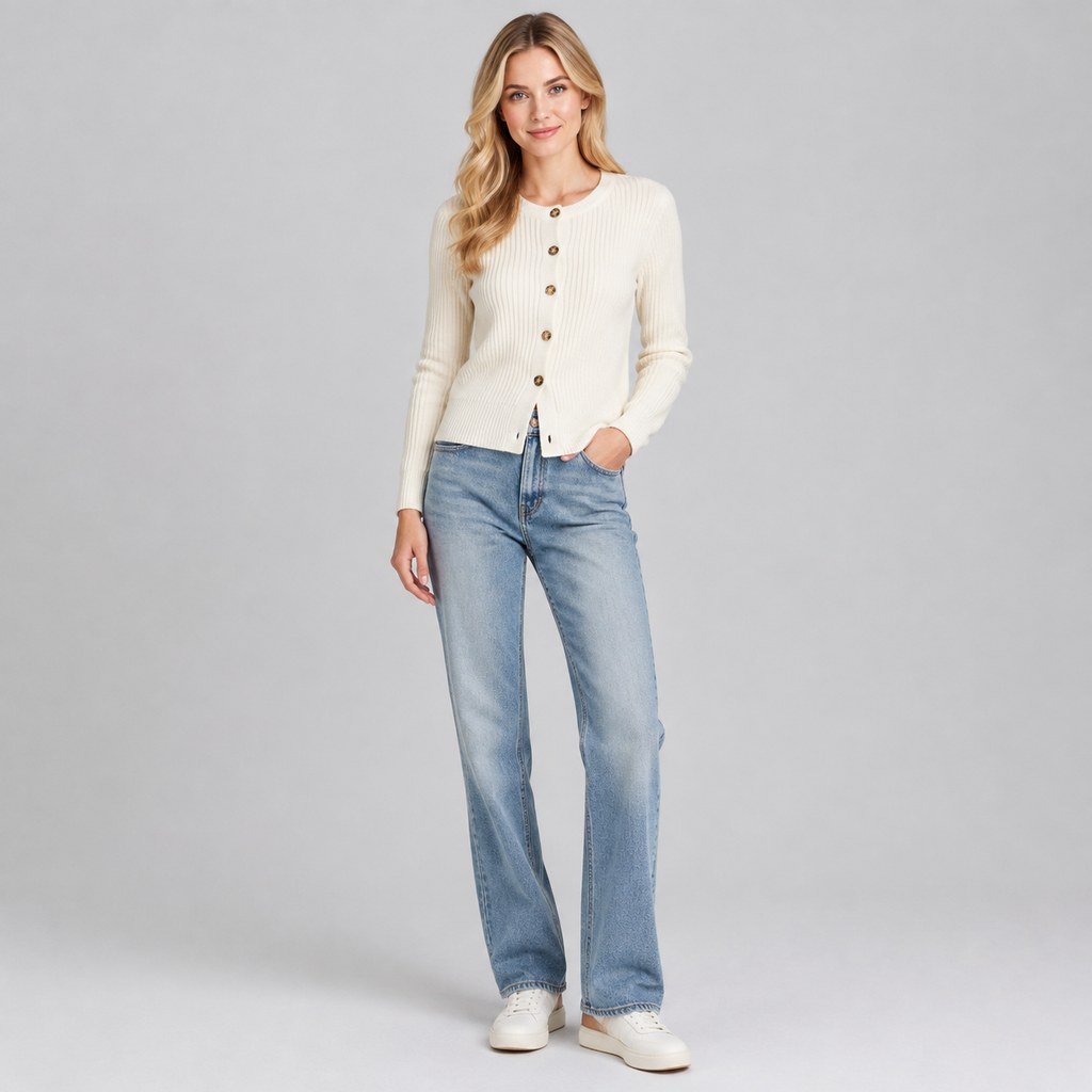 Ribbed Knit Cardigan in Cream — wholesale apparel product photo — view 4