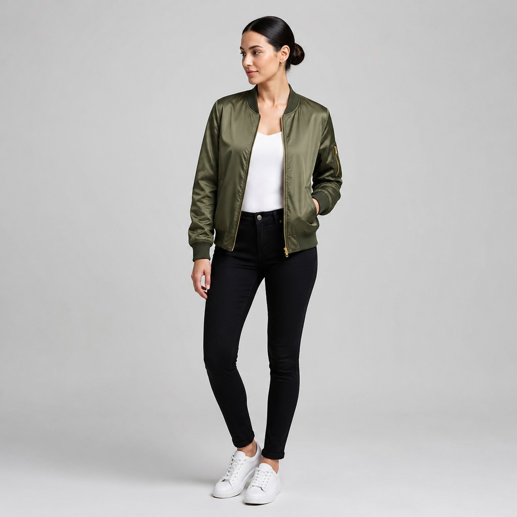 Satin Bomber Jacket in Olive — wholesale apparel product photo — view 4