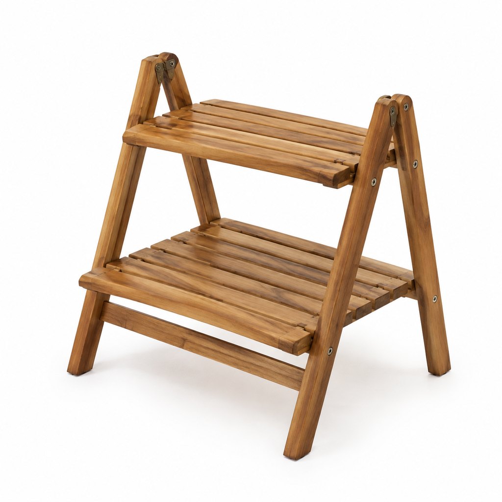 Saga two-tier reclaimed teak plant stand holding potted greenery — view 2