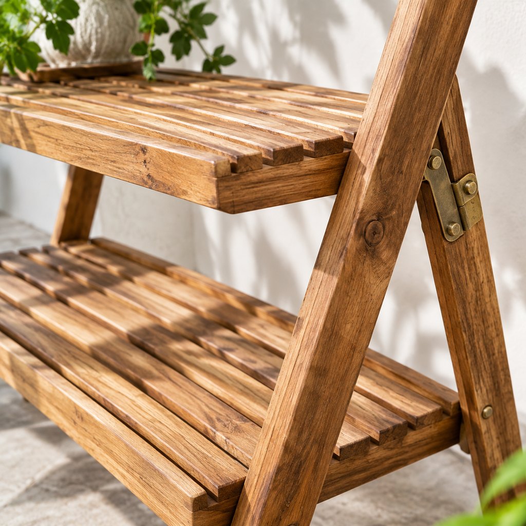 Saga two-tier reclaimed teak plant stand holding potted greenery — view 3