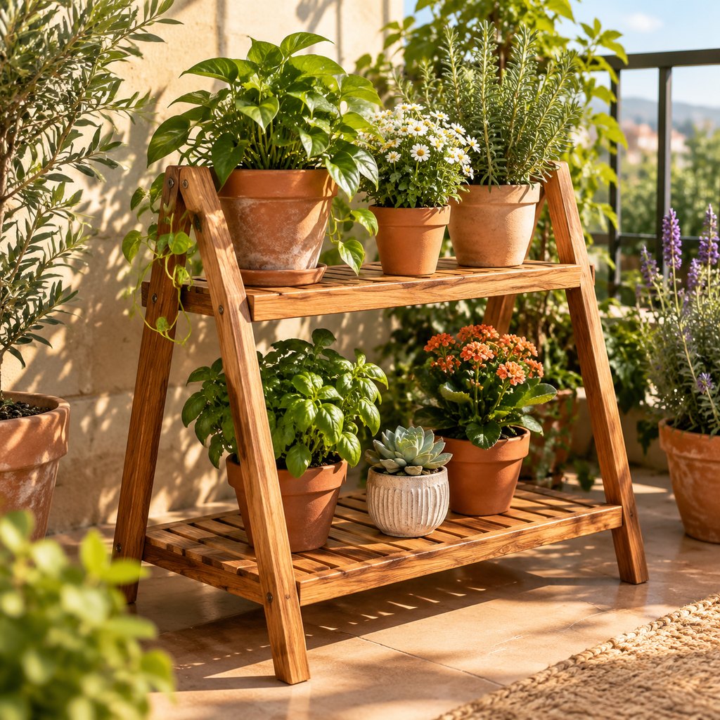 Saga two-tier reclaimed teak plant stand holding potted greenery — view 4