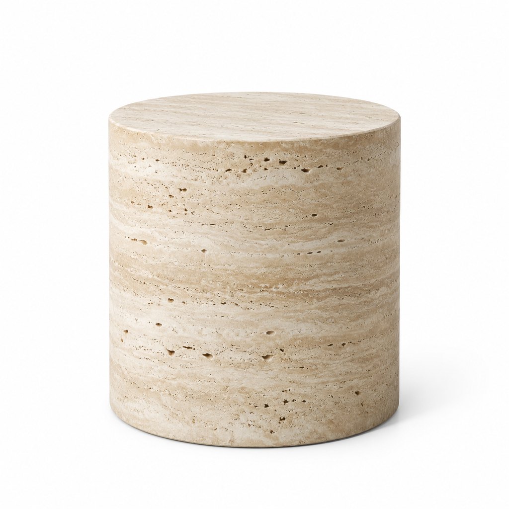 Olav cylindrical travertine side table with visible natural veining — view 2