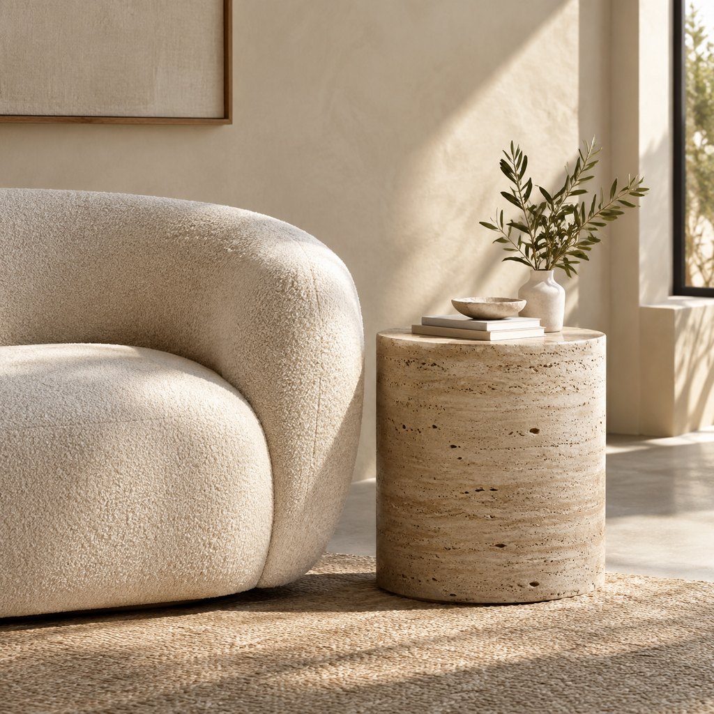 Olav cylindrical travertine side table with visible natural veining — view 4
