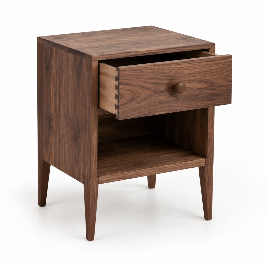 Hana American walnut nightstand with drawer and open shelf, studio shot — view 5