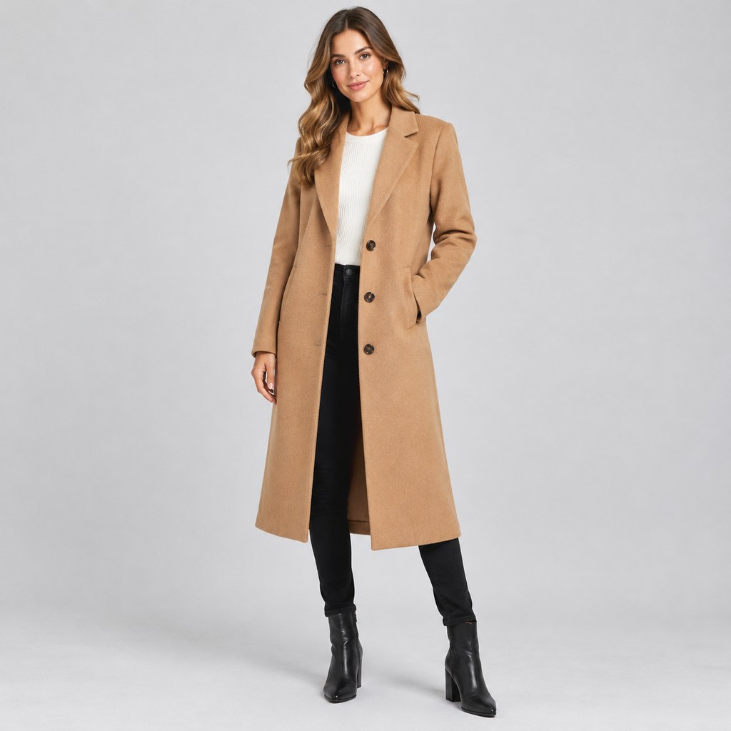 Wool-Blend Longline Coat in Camel — wholesale apparel product photo — view 4