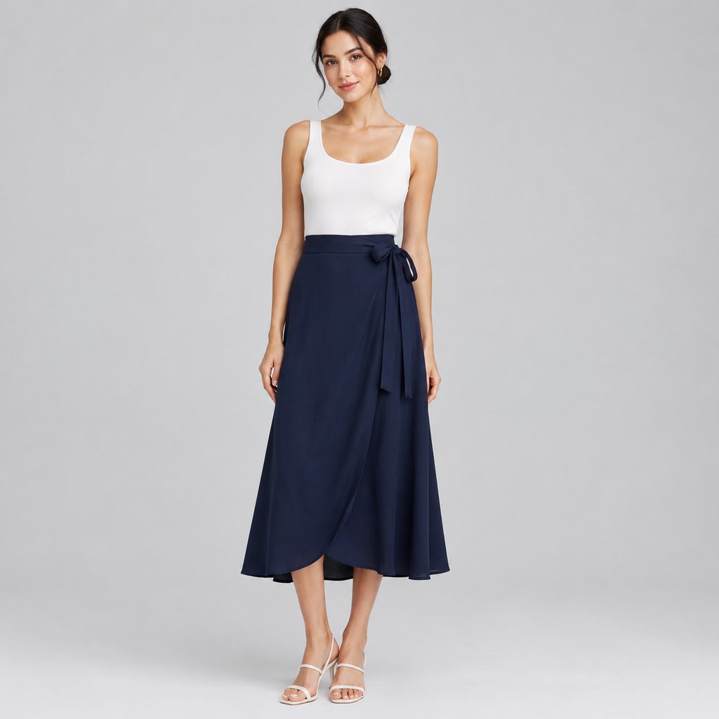 Wrap-Tie Midi Skirt in Navy — wholesale apparel product photo — view 4